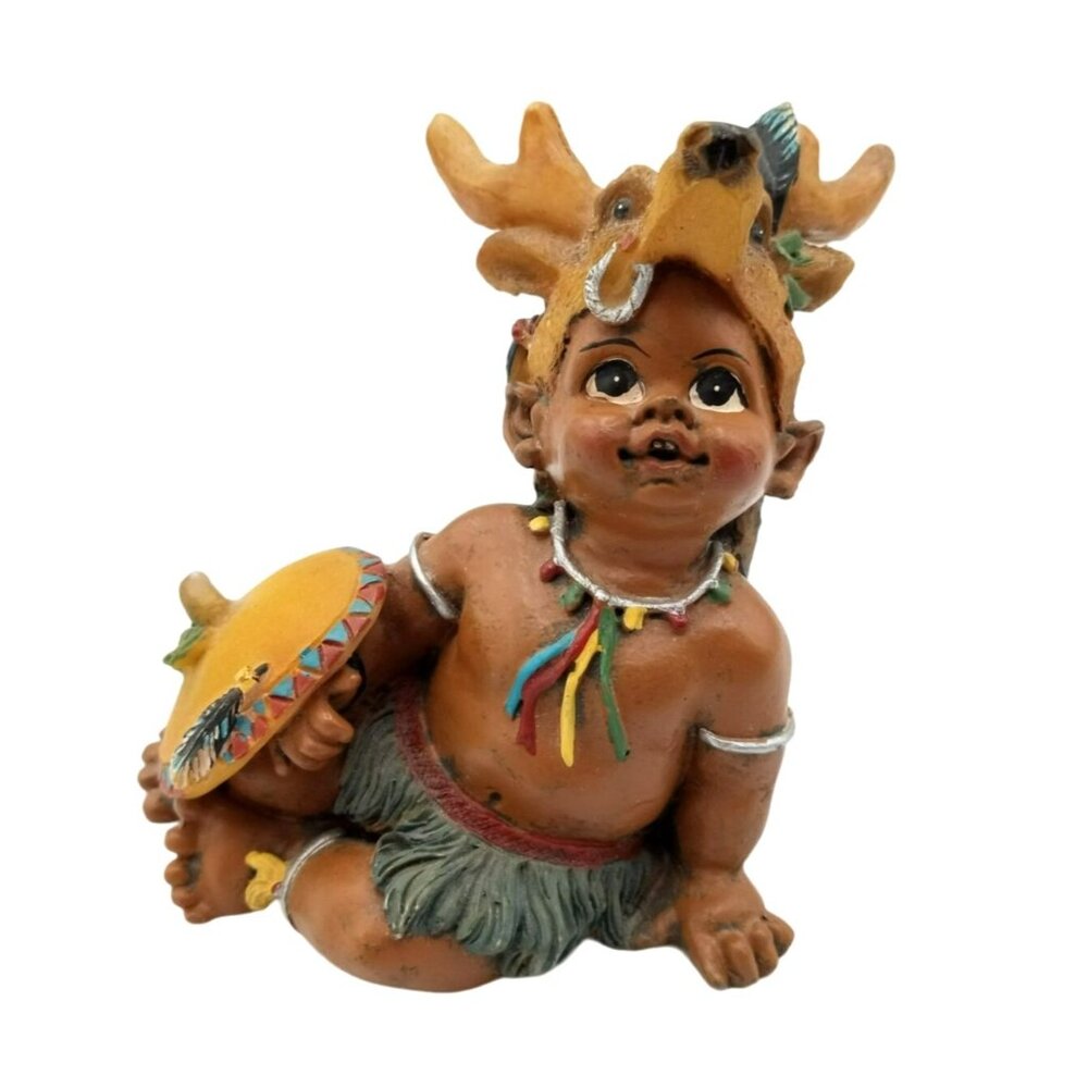 Native American Smiling Baby Figure Deer Antler Headdress Shield Vintage 3 Inch